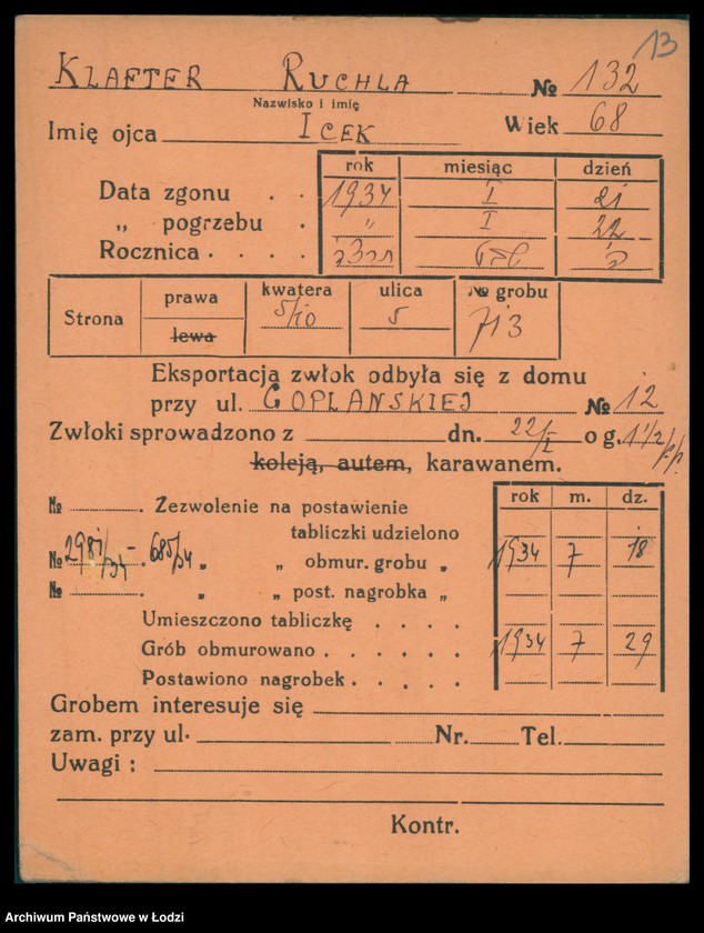 Obraz 14 z jednostki "Kartoteka osób pochowanych na cmentarzu żydowskim przy ulicy Brackiej w latach 1892-1959. Nazwiska na litery: Kl-Kn"
