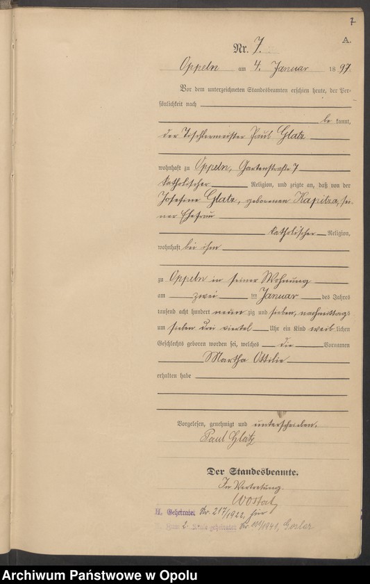 Obraz 11 z jednostki "Urząd Stanu Cywilnego w Opolu 1897 Rejestr Urodzeń Księga Miejscowa Nr 1 do 554"