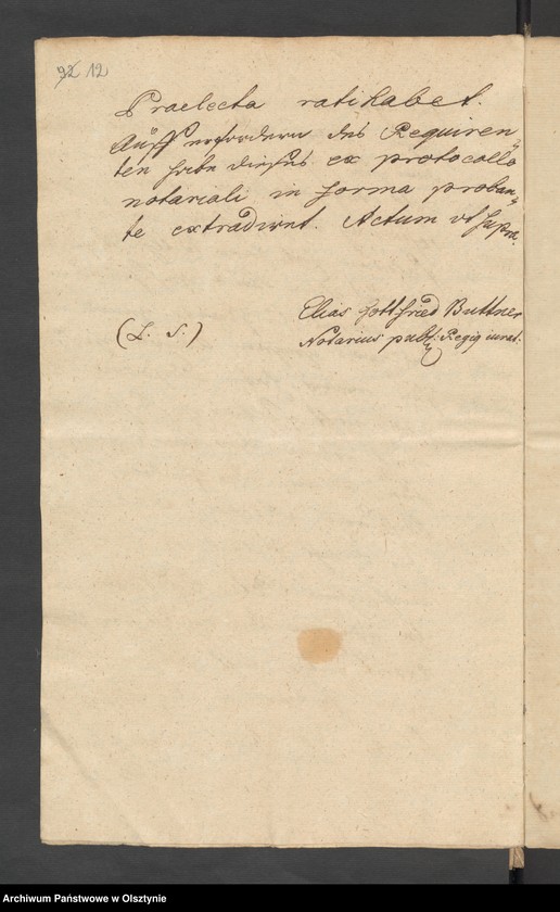 image.from.unit.number "In S. [Sachen] Carl Dieterich von Grothuß contra die verwittibte Tribunals=Vice=Praesidentin von Perbant wegen Umbpfügung und Besäung eines zu Podollen und Schalwen [Schallwen] gehörigen Stück Akers Garbnicken genannt"