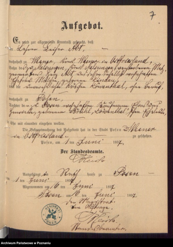 Obraz 9 z jednostki "Die von den Verlobten beigebrachten Urkunden zur Eheschliessung pro 1897"