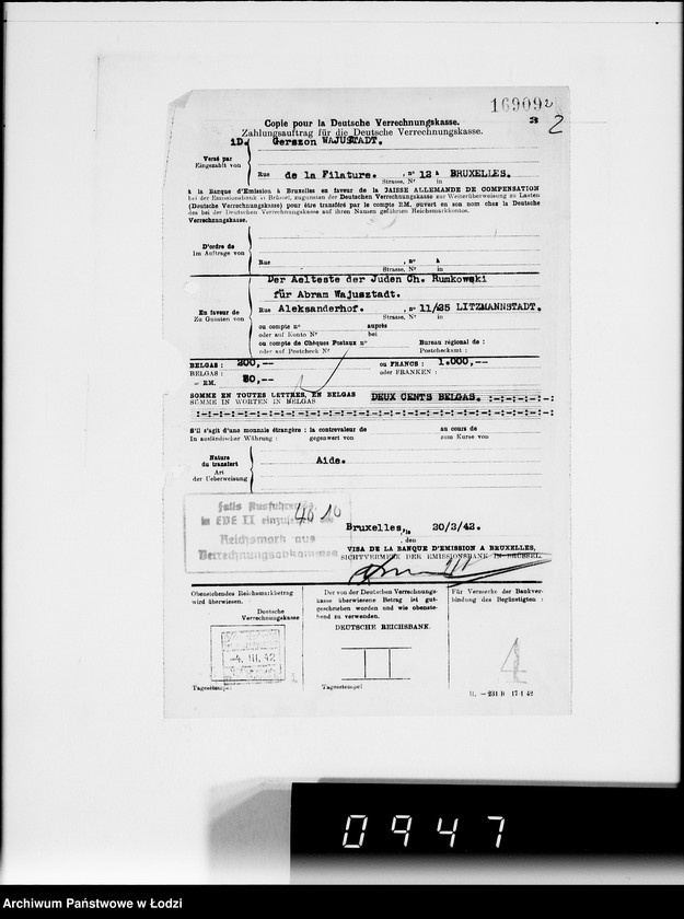 Obraz 6 z jednostki "[Przekazy pieniężne zagraniczne na Sonderkonto nr 12300 na adres Ch.Rumkowskiego]"