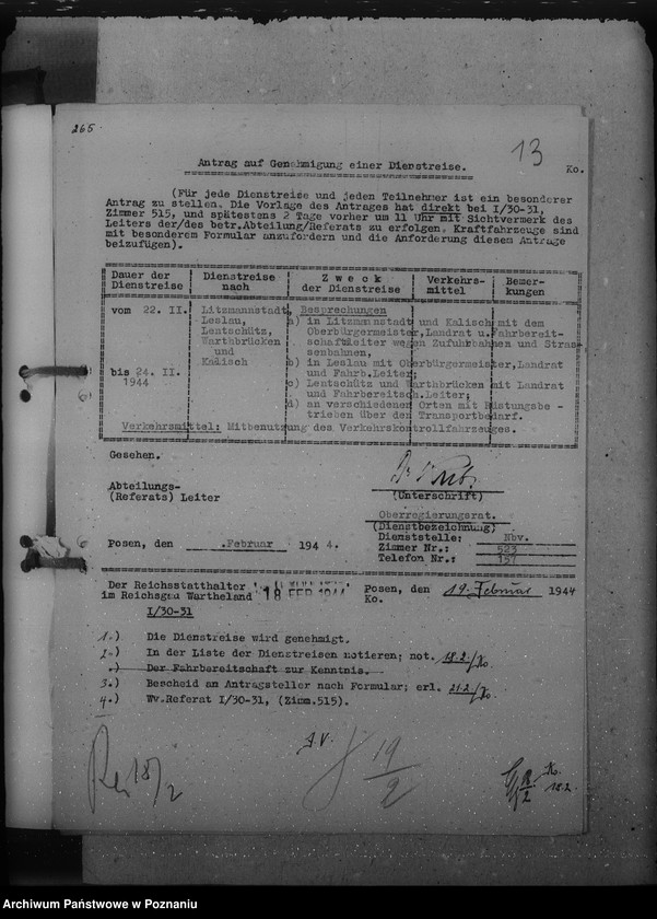 Obraz 17 z jednostki "Genehmigungen der Dienstreisen / Archivgut - Bytyn, Ceradz, Tarnowo, Starpel / i inne wyjazdy służbowe"