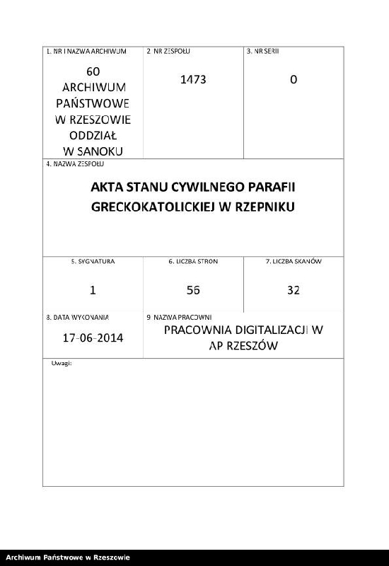 Obraz 1 z jednostki "Księga urodzeń i małżeństw dla miejscowości Rzepnik"