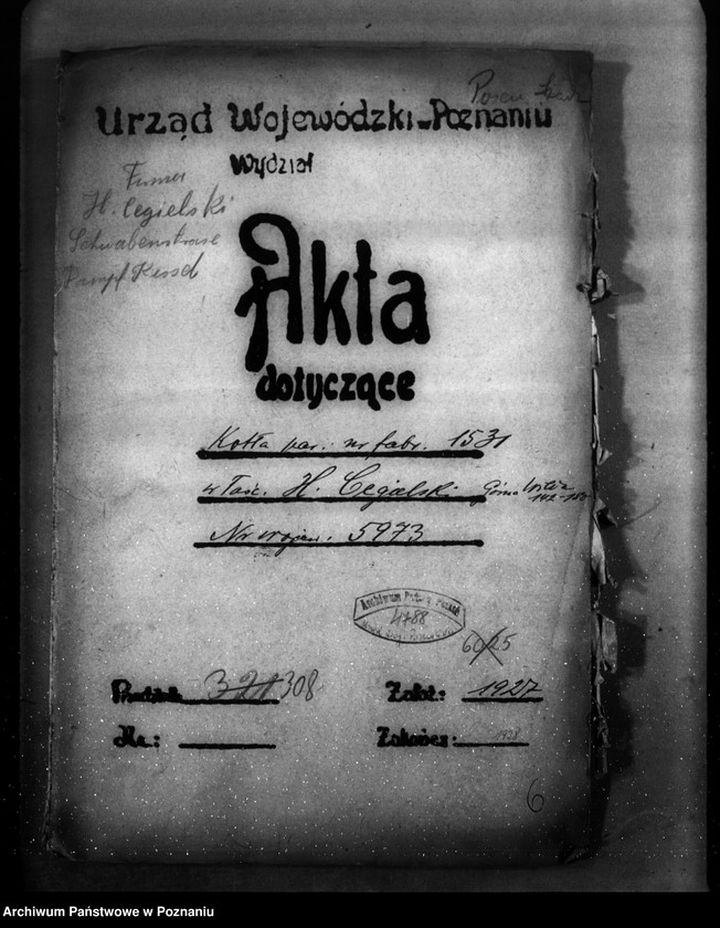 image.from.unit.number "Zakłady Przemysłowe Budowy Maszyn H. Cegielski Poznań - G. Wilda nr woj. kotła 5973"