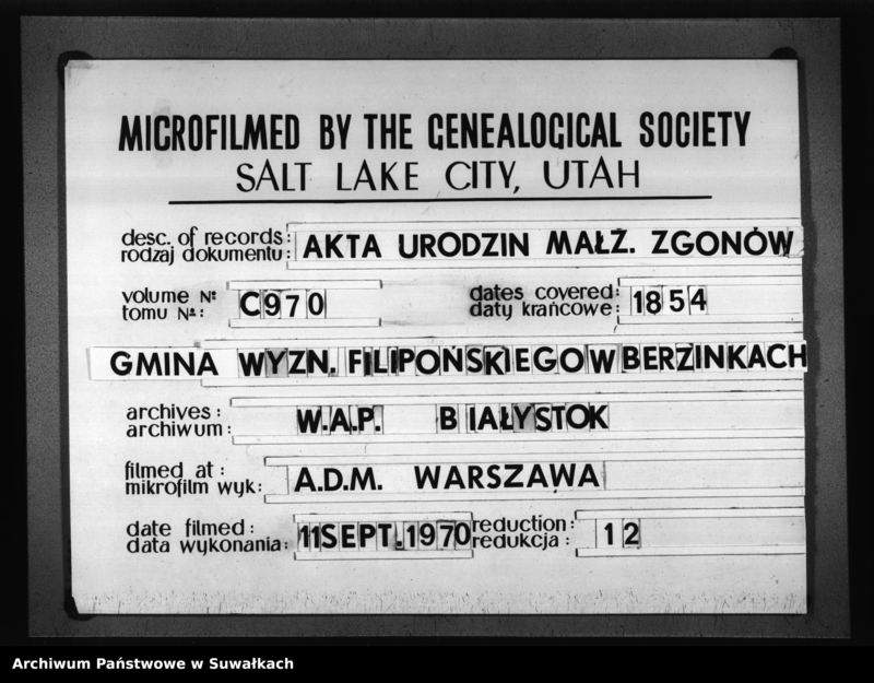 Obraz 9 z jednostki "Duplikat Akt Stanu Cywilnego Urodzonych, Zaślubionych i Zmarłych Sekty Filiponów z Gminy Berznickiej na 1854 rok"