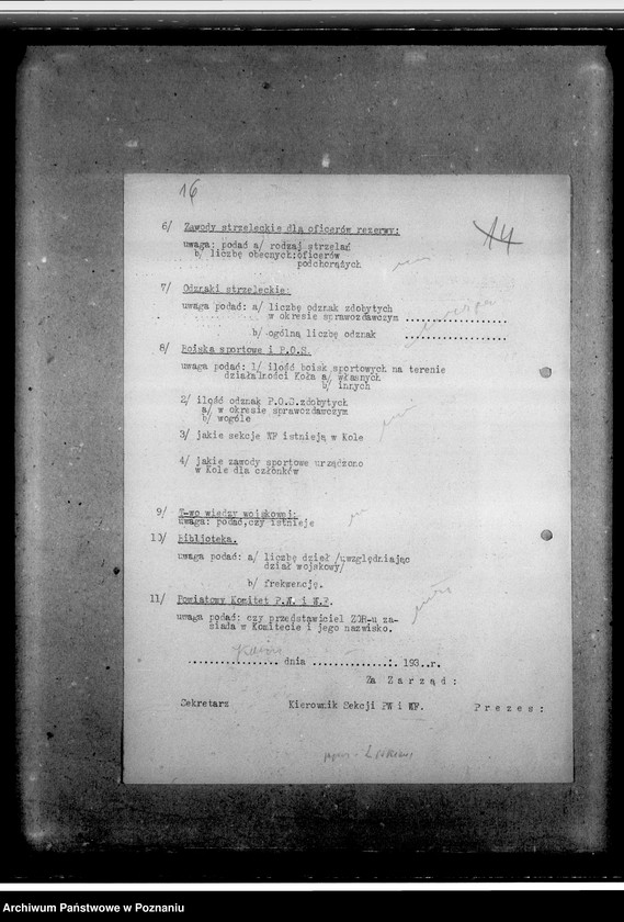 Obraz 20 z jednostki "Korespondencja w sprawach organizacyjno-personalnych, powiadomienia o obchodach świąt, programy strzelania, zgody na przynależności do Związku Oficerów Rezerwy- statut, instrukcja, odezwa i korespondencja utworzonego w 1935 roku Stowarzyszenia Oficerów Rezerwy Rz.P. dla odbudowy zamku ks. Wiśniowieckich z /s w Tarnopolu"