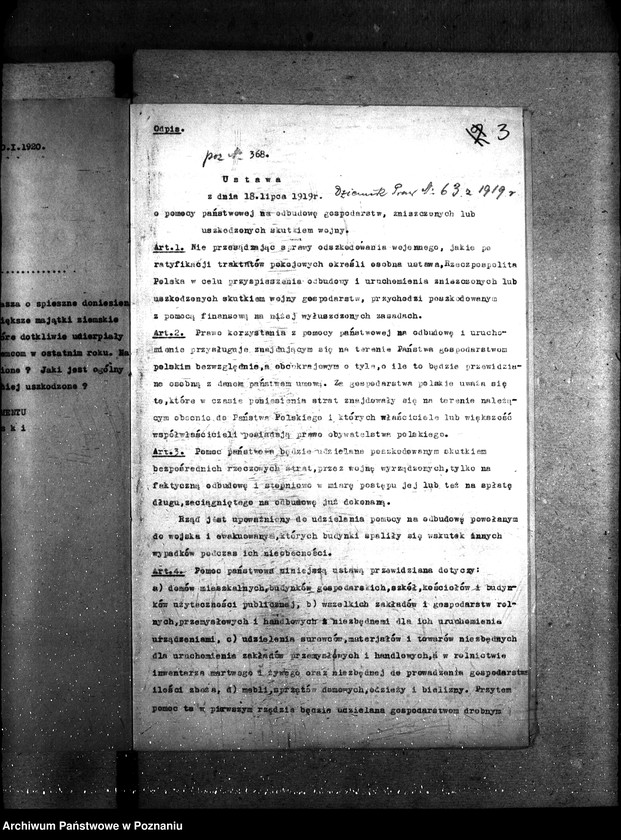 Obraz 7 z jednostki "Sprawy ogólno-administracyjne. Szkody wojenne, zapomogi gosp. rozporządzenie 9.3.20 r."