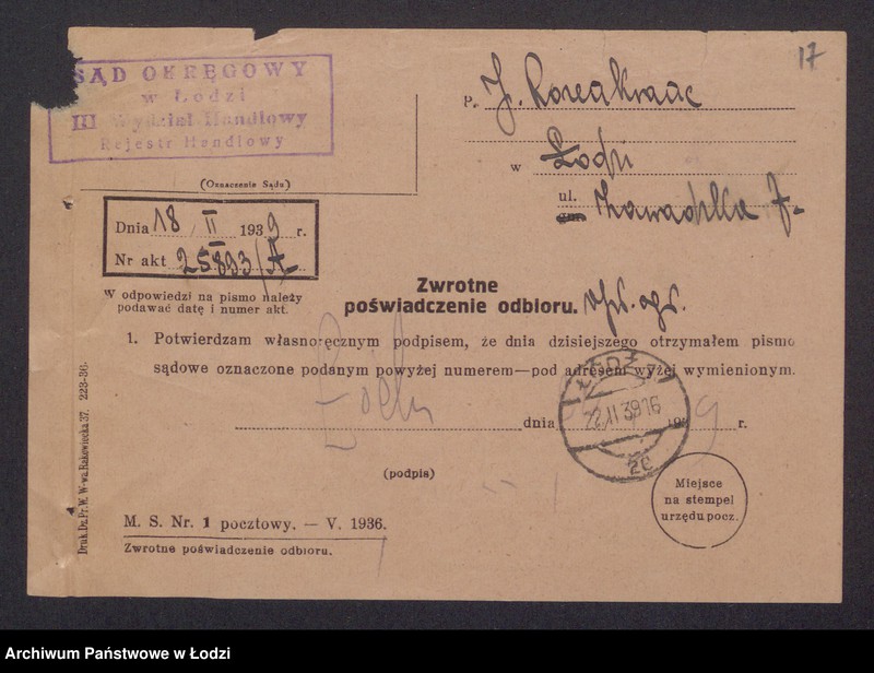 Obraz 19 z jednostki "Josek Rozenkranc – wyrób i sprzedaż towarów bawełnianych i bawełniano-wigoniowych"