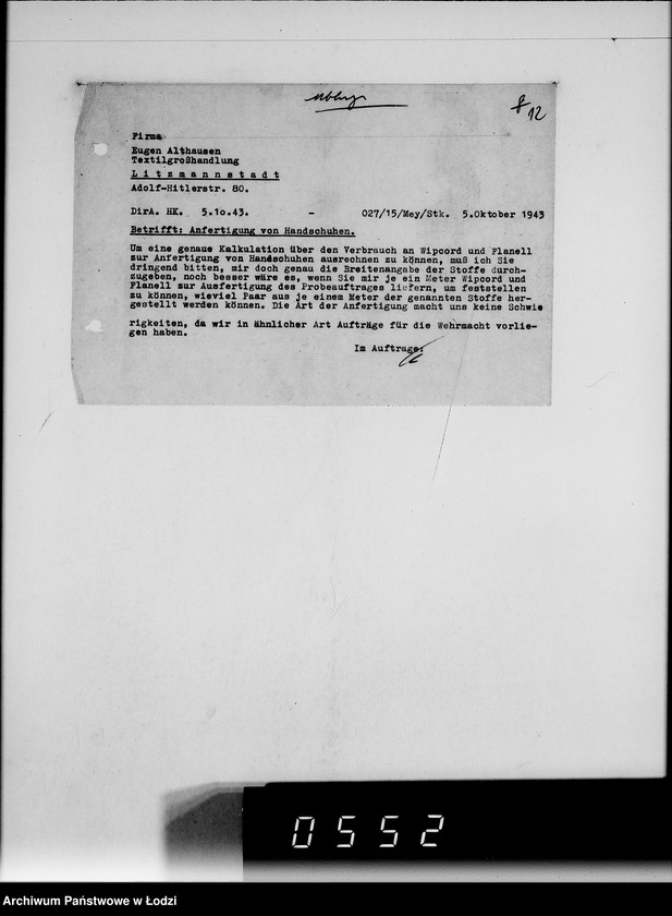 Obraz 16 z jednostki "Firma Eugen Althausen Litzmannstadt VIII [Zamówienia, rachunki, listy przesyłkowe]"