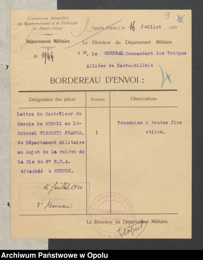 Obraz 10 z jednostki "Entress /Korespondencja wpływająca pochodząca od władz wyższych i jednostek podległych - pisma, zarządzenia/ 30.06.-29.10.1920"