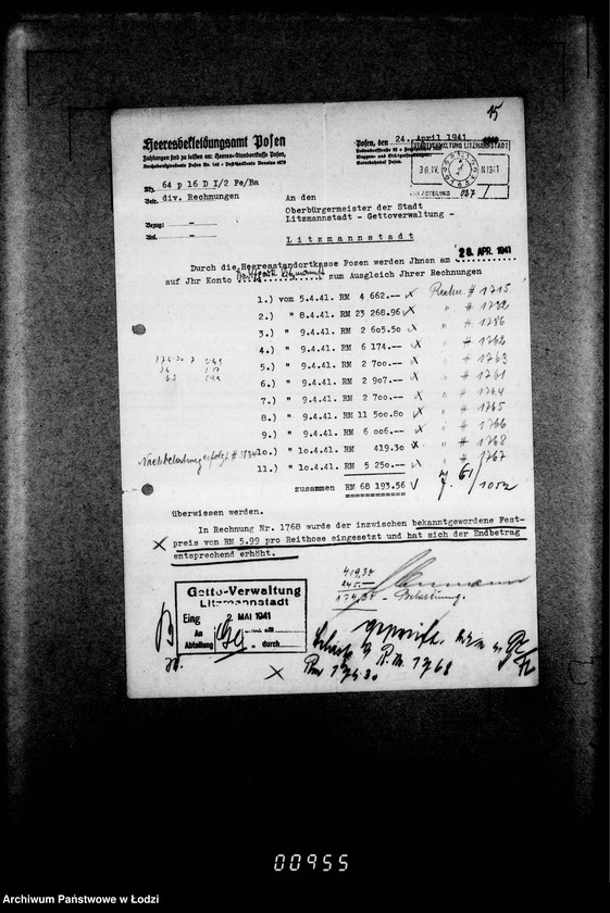 Obraz 19 z jednostki "[Rachunki Heeresbekleidungsamt Posen dla Zarządu Getta]"