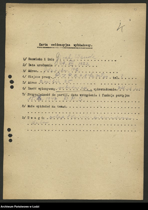 Obraz 18 z jednostki "Karty ewidencyjne wykładowców szkoły partyjnej /A-Z/"