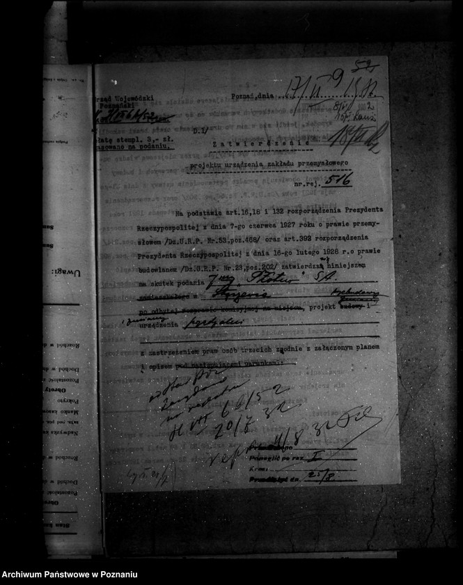 Obraz 16 z jednostki "Zatwierdzenie projektu urządzania zakładu przemysłowego Firmy Płótno S. Akcyjna W Stęszewie powiat poznański nr 516"