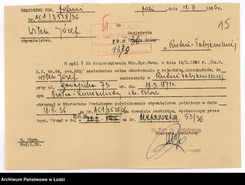 image.from.unit.number "Dokumenty do rejestru mieszkańców Rudy Pabianickiej. Witaszczyk Jan - Wróblewska Marianna"