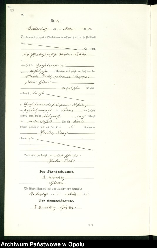 Obraz 17 z jednostki "Geburts-Register (Neben-Register) Standesamt Borkendorf 1912 No. 1 bis 73."
