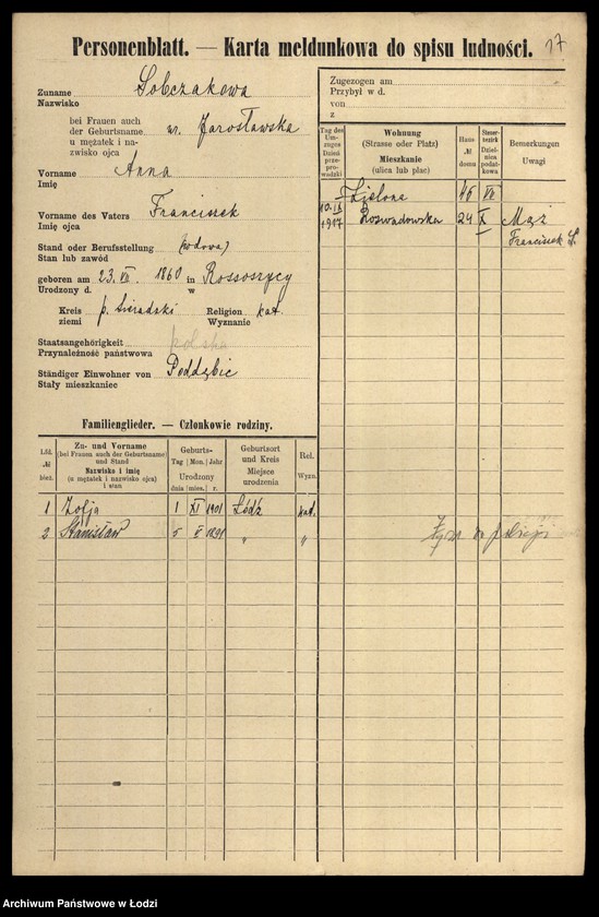 Obraz 19 z jednostki "[Spis ludności Łodzi] Sobczak"