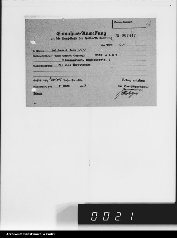 Obraz 19 z jednostki "Einnahme Anweisungen. [za różne wyroby] 73"