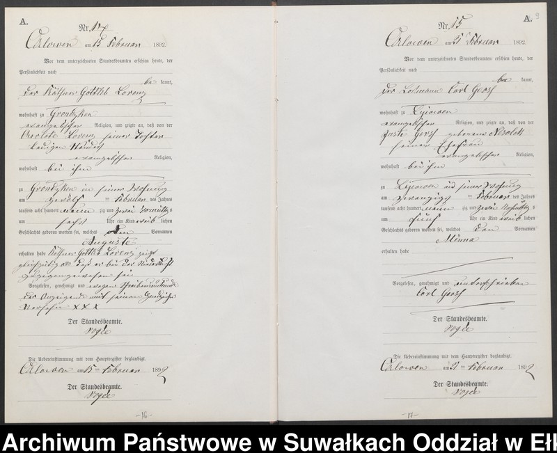 image.from.unit.number "Geburts-Neben-Register des Preussischen Standes-Amtes Orlowen Kreis Loetzen für das Jahr 1892"