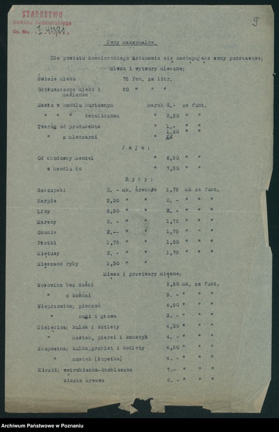 Obraz 11 z jednostki "[Wykazy cen maksymalnych Województwa Pomorskiego za miesiąc kwiecień 1920 roku]"