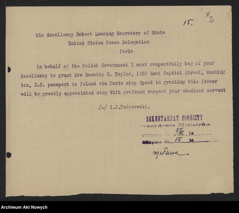 image.from.unit.number "Korespondencja w sprawie biletów na podróże za granicę, uzyskiwania miejsc w kurierze Paryż - Warszawa, paszportów i wiz"