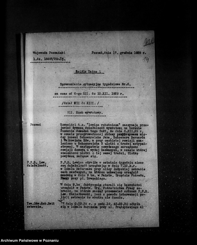 Obraz 18 z jednostki "Sprawozdania sytuacyjne tygodniowe za czas od 29 listopada 1929 r. do dnia 2 stycznia 1930 r. /nr 5-9/ działy VII-XIII"
