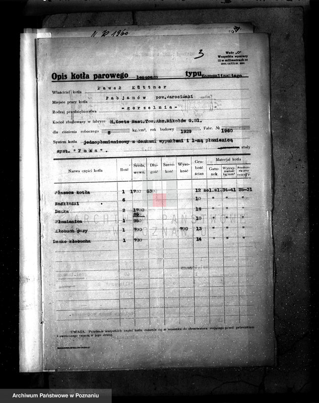 Obraz 7 z jednostki "Gorzelnia P. Kuettnera w Fabianowie pow. jarociński nr fabr. kotła 1960 nr woj. kotła 6273"
