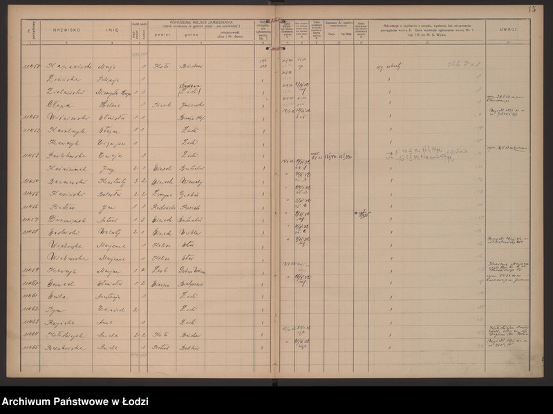 Obraz 18 z jednostki "Księga kontroli ruchu ludności (rejestr osób przybywających do gminy) Łódź, komisariat VIII, ks. V, nr 11249-11615"