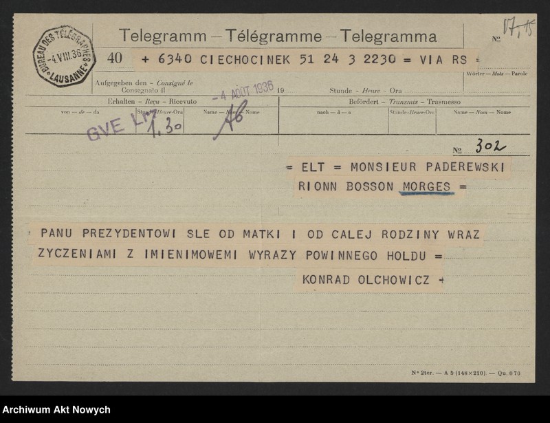 image.from.unit.number "Olchowicz Konrad (redaktor naczelny "Kuriera Warszawskiego"); Załączniki: telegramy do M. Borzęckiego i J. Piątkowskiej - Lübke; L.24 (odpowiedzi - rękopisy, maszynopisy)"