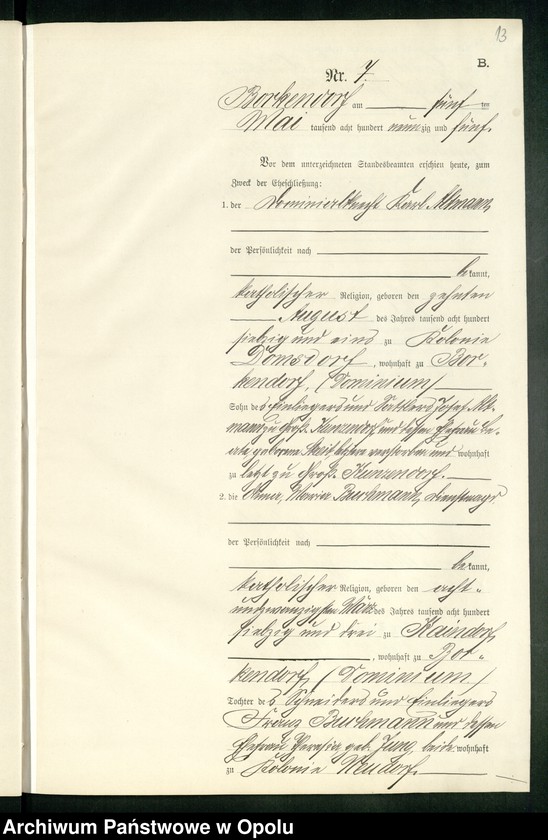 Obraz 17 z jednostki "Heiraths-Neben-Register des Standesamts Borkendorf pro 1895"
