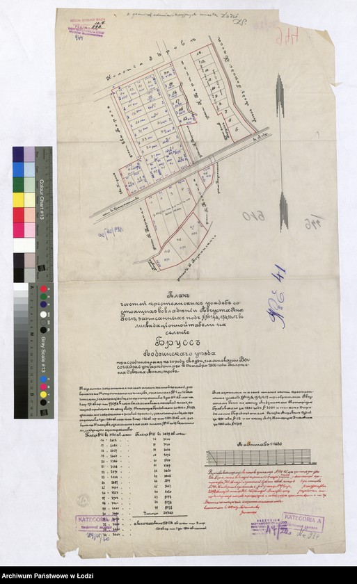 Obraz 1 z jednostki "Планъ части крестьянскихъ усадьбъ состящихъ во владѣнiи Августа Яна Рогѣ, записанныхъ подъ №№ 14/8, 15/8, 16 и 17 въ ликвидацiонной табели на селенiе Бруссъ Лодзинскаго уѣзда присоединенныхъ къ городу Лодзи, на основанiи Высочайше утвержденнаго 18 Октября 1906 года Положенiя Совета Министровъ"