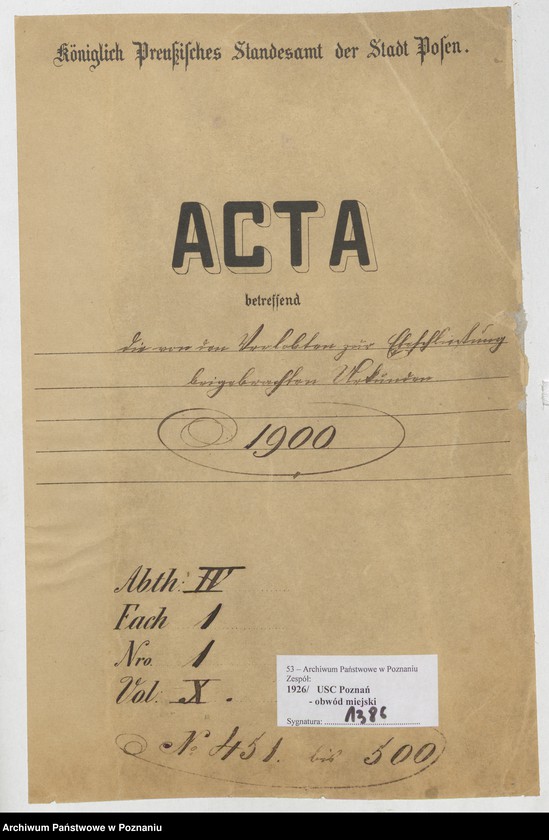 Obraz 2 z jednostki "Die von den Verlobten beigebrachten Urkunden zur Eheschliessung pro 1900"