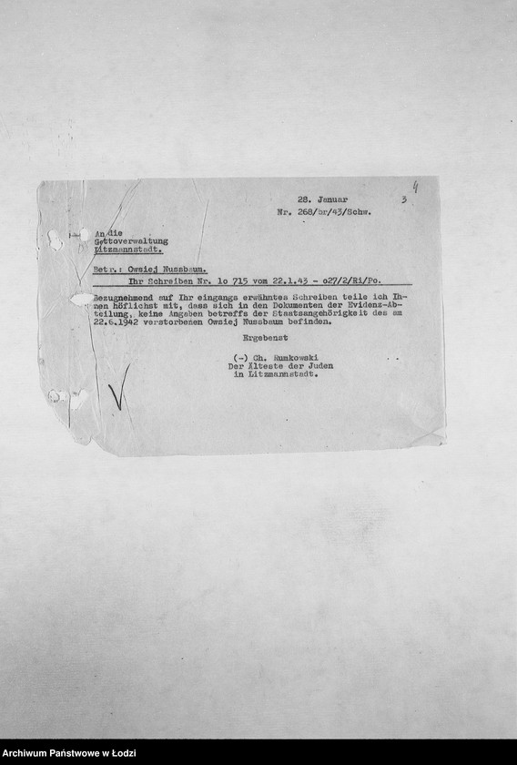 Obraz 7 z jednostki "[Korespondencja PSŻ z GV, z instytucjami i firmami niemieckimi w sprawie informacji o mieszkańcach getta: ich adresach, majątku, narodowości itp. – w związku z rentami i wierzytelnościami]"