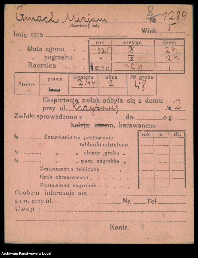 Obraz 9 z jednostki "Kartoteka osób pochowanych na cmentarzu żydowskim przy ulicy Brackiej w latach 1892-1955. Nazwiska na litery: Gl-Goldbe"