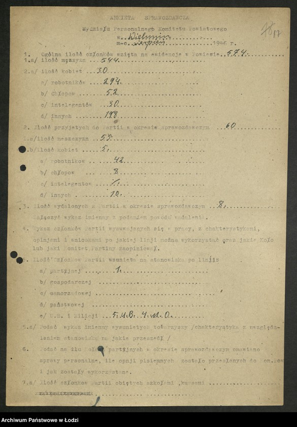 Obraz 18 z jednostki "Ankiety sprawozdawcze instruktora Komitetu Powiatowego Wieluń [z załącznikami]"