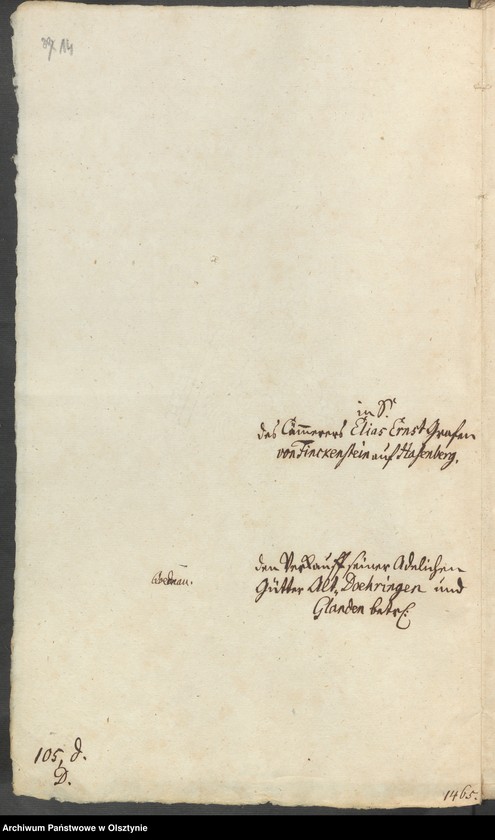 image.from.unit.number "In S. [Sachen] des Cammerers Elias Ernst Grafen von Finkenstein auf Hasenberg. Den Verkauff seiner Adelichen Gütter Alt=Doehringen [Durąg] und Glanden [Glądy]"