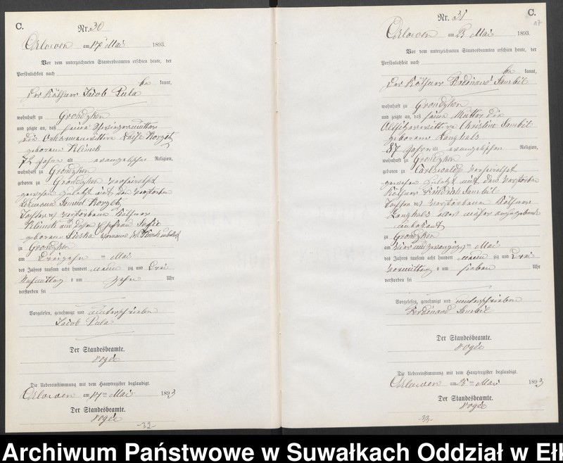 image.from.unit.number "Sterbe-Neben-Register des Preussischen Standes-Amtes Orlowen Kreis Loetzen für das Jahr 1893"
