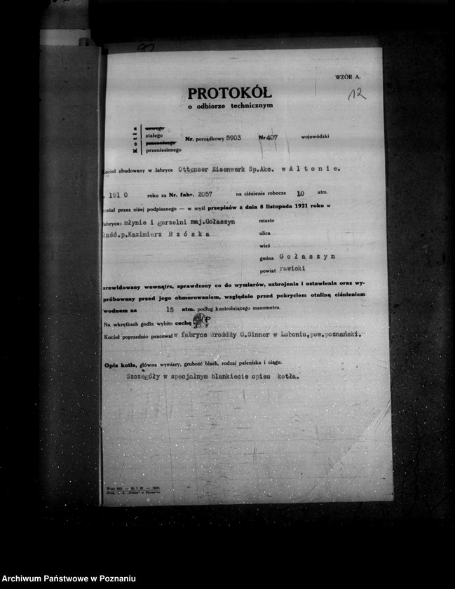 image.from.unit.number "Młyn, tartak i gorzelnia w Gołaszynie powiat rawicki K. Rzóski nr woj. kotła 407"