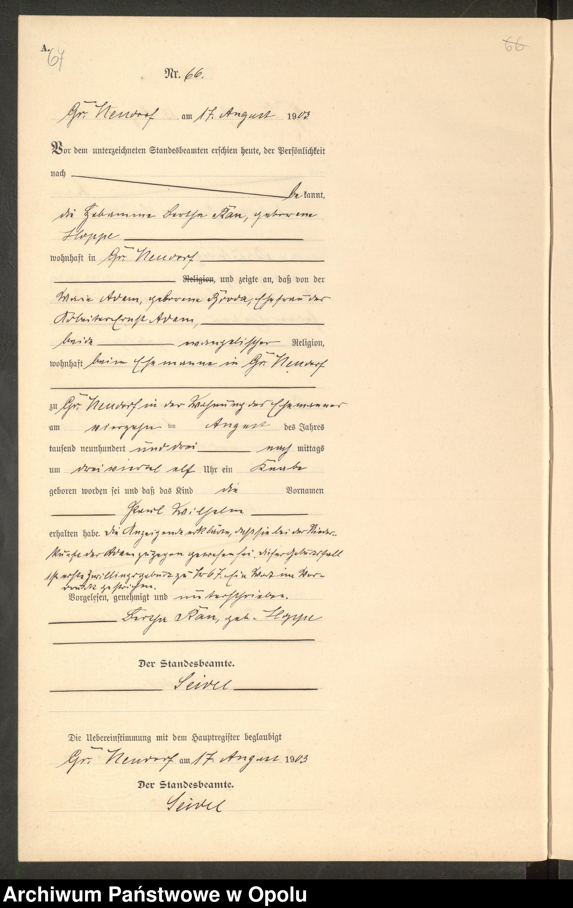 Skan z jednostki: Geburts-Neben-Register Standes-Amt Gr.[oss] Neudorf 1903