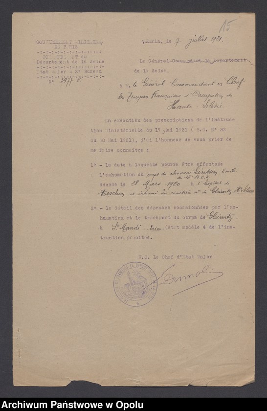 Obraz 17 z jednostki "Service de Sante-Evacuations Hopitaux-Hygiene des Troupes-Prostitution /Korsepondencja z zakresu służby zdrowia, ewakuacja, szpitale, higiena, prostytucja/ 14.06.1921 - 5.07.1922"