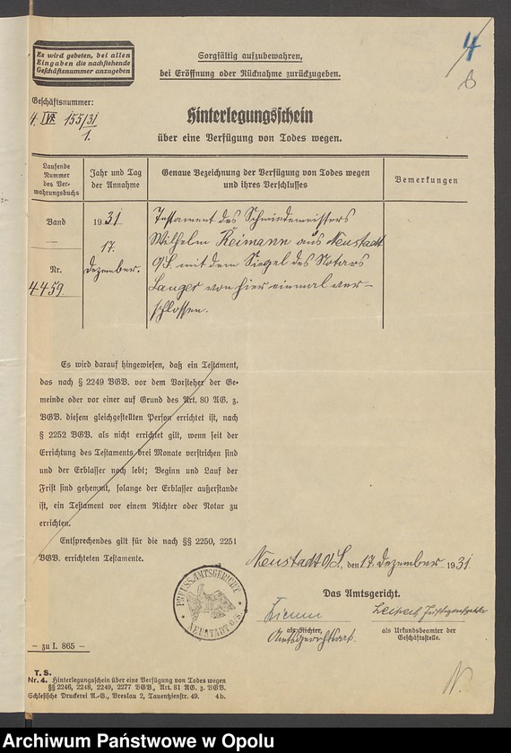 Obraz 9 z jednostki "Verfügung von Todes wegen des Schmiedemeisters Wilhelm Reimann in Neustadt"