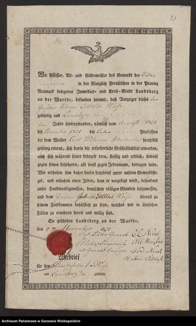 image.from.unit.number "[Lehrbrief für den Bäckergesellen Johann Gottlieb Wiese aus Landsberg a/W. Landsberg an der Warthe den 4 November 1831]"