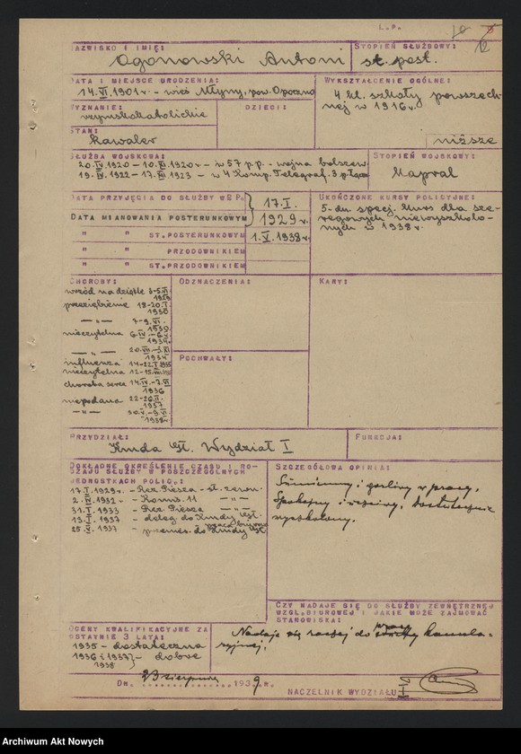 image.from.unit.number "Ewidencja szeregowych Policji Państwowej, zatrudnionych w pracy biurowej w Wydziale I Komendy Głównej Policji Państwowej. Wykazy."