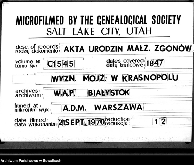 image.from.unit.number "Duplikat Aktów Urodzonych, Zmarłych i Zaślubionych Starozakonnych Okręgu Krasnopolskiego z Roku 1847."