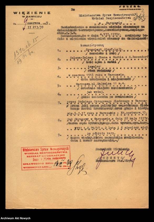 image.from.unit.number "Więzienie w Rawiczu - informacje o zwolnieniu osób skazanych za działalność komunistyczną. Kwestionariusze."