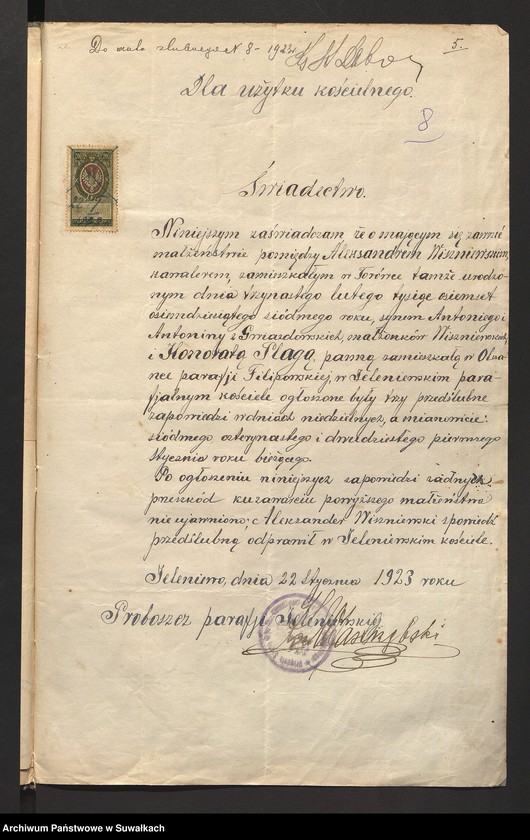 image.from.unit.number "Dokumenty załączone do ślubnych aktów stanu cywilnego w parafji R. Kat. Filipowskiej w roku 1923"