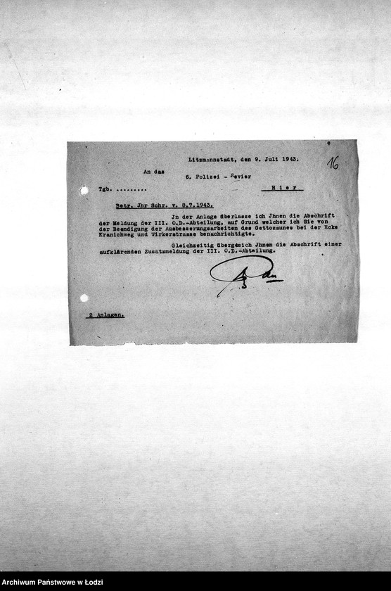 Obraz 20 z jednostki "[Korespondencja Komendy z policją niemiecką oraz rewirami gettowymi na temat różnych wydarzeń w getcie]"