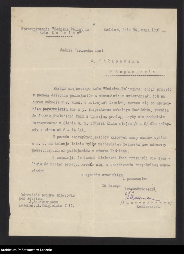 Obraz 2 z jednostki "List J. Sauermanowej do Wandy Chłapowskiej w sprawie kolonii dla dzieci policjantów"