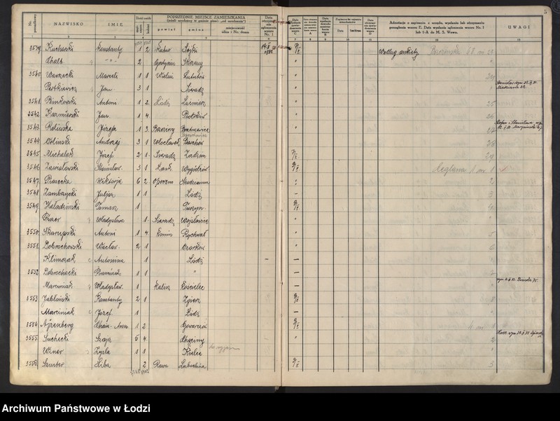 image.from.unit.number "Księga kontroli ruchu ludności (rejestr osób przybywających do gminy) Łódź, komisariat III, ks. II, nr 3484-6892"