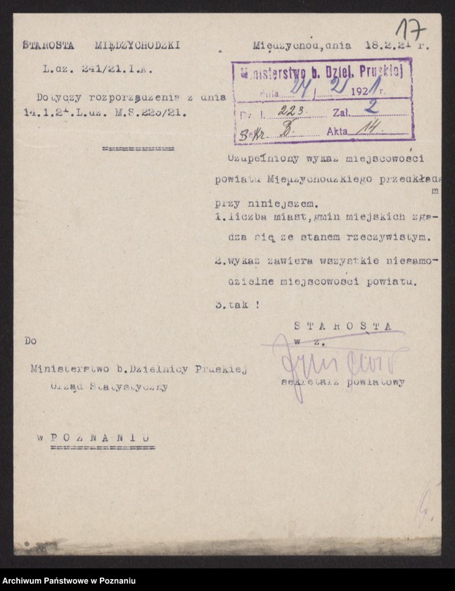 Obraz 16 z jednostki "[Dane statystyczne dotyczące urzędów i szkół na terenie powiatu międzychodzkiego oraz wykazy miejscowości]"