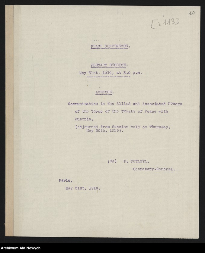 image.from.unit.number "Konferencja Pokojowa. Zawiadomienia o posiedzeniach i porządkach obrad, protokoły z posiedzeń. Korespondencja"
